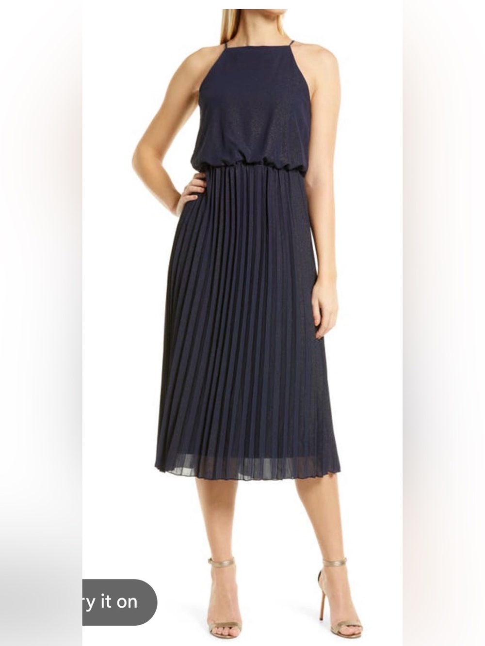 NWT Sam Edelman Metallic Pleated Midi Dress In Navy/ Gold
